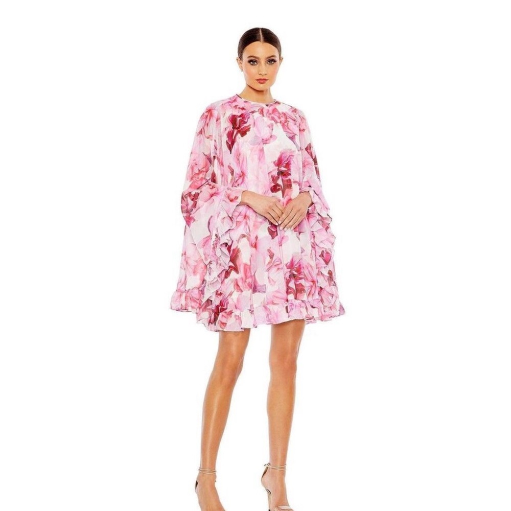 Ieena for Mac Duggal Floral High Neck Ruffle Cape Hem Mini Dress in Pink Size 4